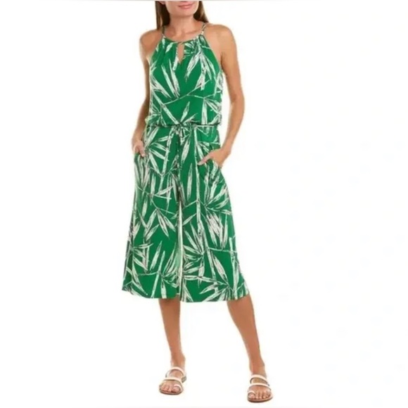 London Times Pants - LONDON Times Green Jumpsuit Bamboo Leaf Print Mid Calf Romper Resort Stretch 12